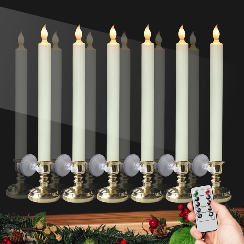 DRomance Flameless Window Candles with Remote and Timer, Battery Operated LED Taper Candles with Suction Cups Set of 6 Christmas Window Candle Holiday Decor(Gold Holders) - Image 1